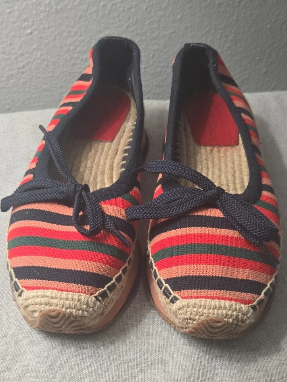 Tory Burch Striped Canvas Espadrilles in Coral, Navy & Green, 7